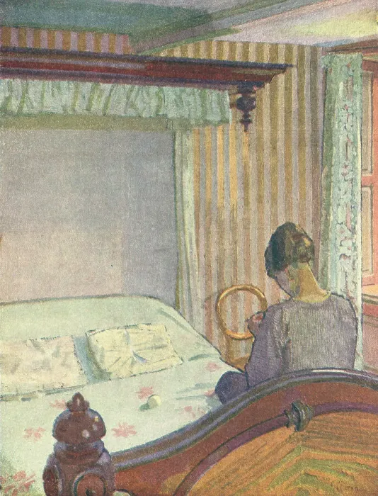 Framed Print : Interior. An oil painting which shows the back of a young woman, who is sitting on her bed Framed Print : Interior. An oil painting which shows the back of a young woman, who is sitting on her bed