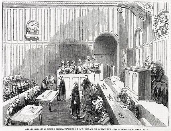Interior of Court of Exchequer Chamber, showing the ancient ceremony of chopping sticks