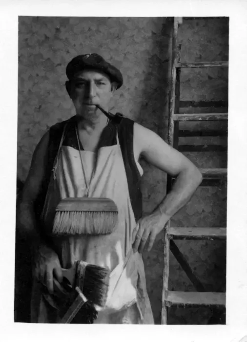 Framed Print : Interior Decorator with his brushes, ladder and pipe Framed Print : Interior Decorator with his brushes, ladder and pipe