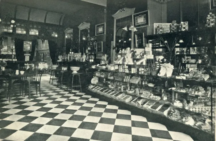 Framed Print : Interior of what is described as a high class confectioners tea room with a counter Framed Print : Interior of what is described as a high class confectioners tea room with a counter