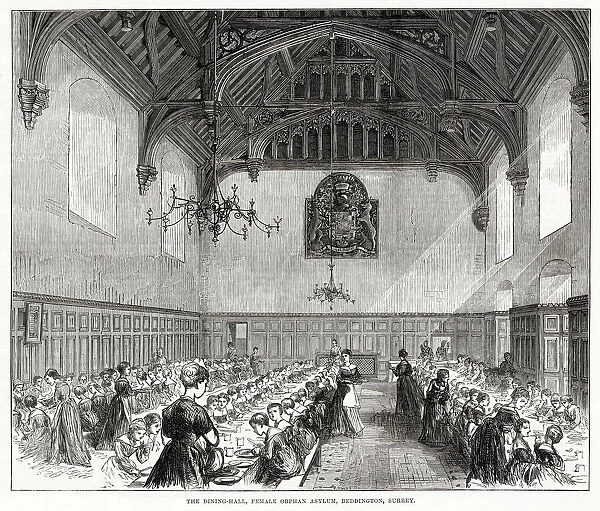 Interior in the dinning-hall, female orphan asylum in Beddington, Surrey. Date: 1875