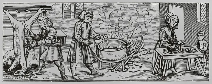 Framed Print : Interior of a kitchen. Facsimile from an engraving Framed Print : Interior of a kitchen. Facsimile from an engraving