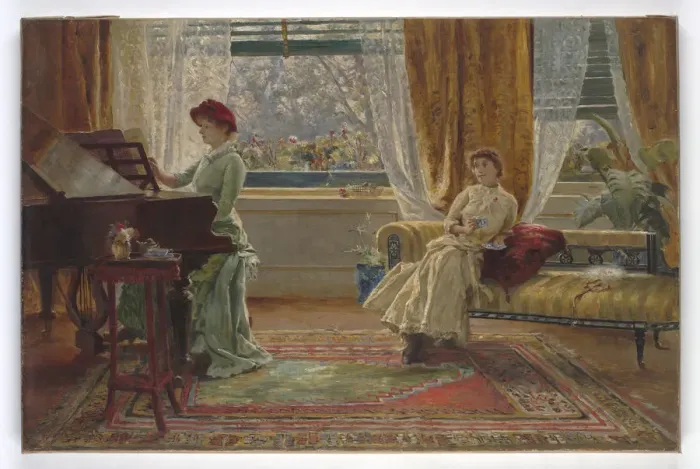 Framed Print : Print. An interior with two ladies, oil on canvas Framed Print : Print. An interior with two ladies, oil on canvas