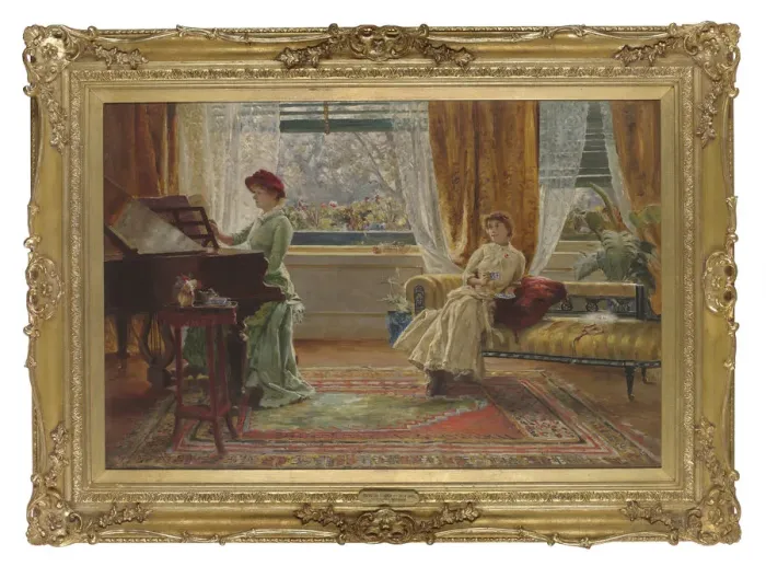 Framed Print : Print. An interior with two ladies, oil on canvas Framed Print : Print. An interior with two ladies, oil on canvas