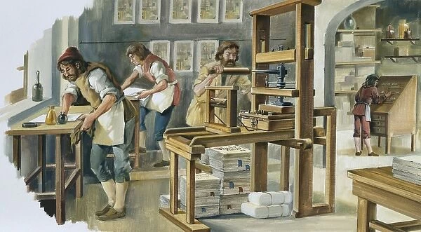 Interior of a printing press in the early modern