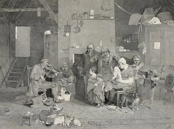 Interior scene with family gathered around man playing fiddl