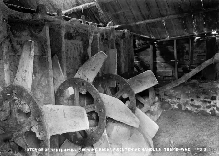 Framed Print : Interior of Scutchmill, Showing Back of Scutching Handles, T Framed Print : Interior of Scutchmill, Showing Back of Scutching Handles, T