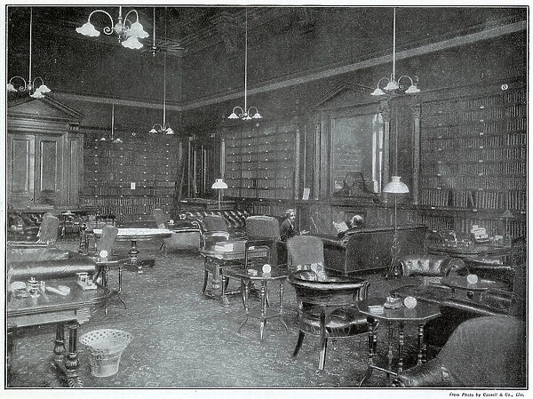 Interior of the smoking-room in Carlton Club, London, was the headquarters of the Conservative Party, from time to time deliberations took place. The 65 feet by 36 feet room was originally the library fitted with bookshelves