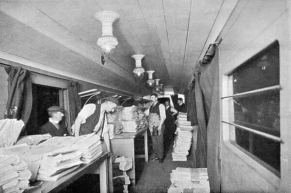 Interior of a sorting car on a newspaper express train