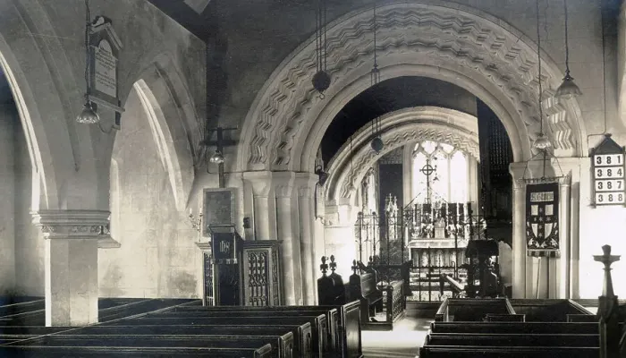Framed Print : Interior of St George's Church, looking east, in the village of Brockworth, Gloucestershire Date: 1930s