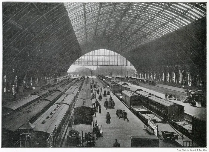 Framed Print : Interior of St. Pancras Railway Station, showing the magnificent canopy dwarfing the trains beneath. Date: 1896 Framed Print : Interior of St. Pancras Railway Station, showing the magnificent canopy dwarfing the trains beneath. Date: 1896