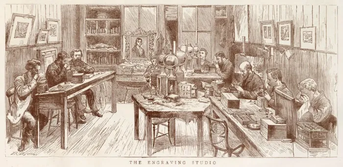 Framed Print : Interior of the studio where the engravings using tools Framed Print : Interior of the studio where the engravings using tools
