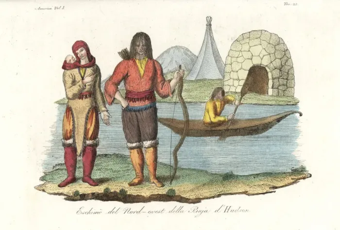 Framed Print : Inuit family, and man in kayak in front of igloo and teepee Framed Print : Inuit family, and man in kayak in front of igloo and teepee