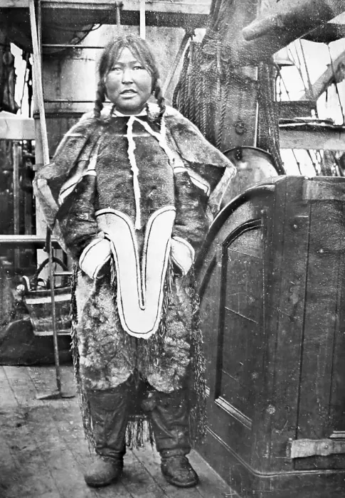 Framed Print : Inuit girl on whaling boat, Greenland, Victorian period Framed Print : Inuit girl on whaling boat, Greenland, Victorian period