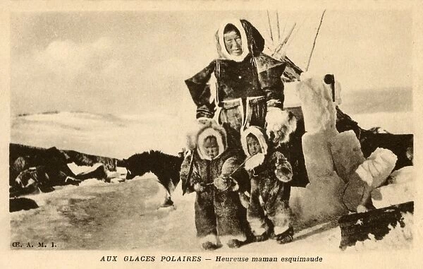 Inuit - Mother and Children on the Polar Ice by their tent