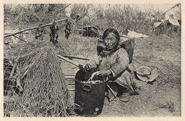 Inuit woman preparing fish and water rats - Alaska, USA