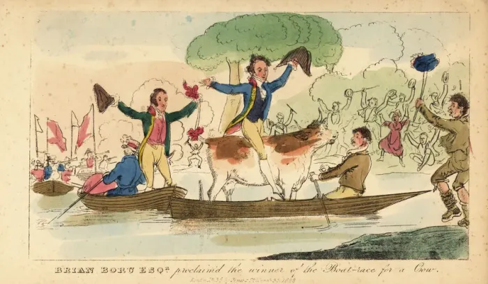 Framed Print : Irish gentleman riding a cow in a rowboat on the canal Framed Print : Irish gentleman riding a cow in a rowboat on the canal