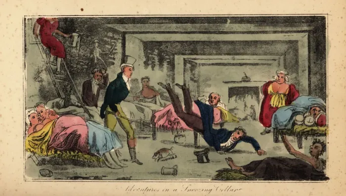 Framed Print : Irish gentlemen descend into an underground hostel, 1821 Framed Print : Irish gentlemen descend into an underground hostel, 1821