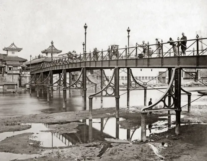 Framed Print : Iron bridge, Osaka, Japan, circa 1880s Framed Print : Iron bridge, Osaka, Japan, circa 1880s