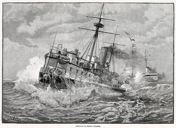 Ironclads in stormy weather. The behaviour of large ironclad warships in rough weather at sea is an important consideration for the British Royal Navy. Date: 1889