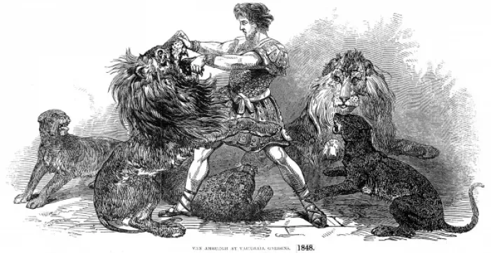 Framed Print : Isaac Van Amburgh and his lions, London, 1848 Framed Print : Isaac Van Amburgh and his lions, London, 1848