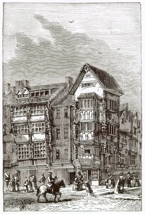 Framed Print : Isaak Walton's house at the corner of Fleet Street and Chancery Lane, London. Date: 19th century Framed Print : Isaak Walton's house at the corner of Fleet Street and Chancery Lane, London. Date: 19th century