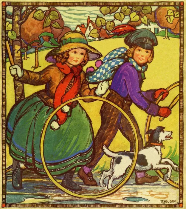 Framed Print : Hoops - Boy and girl playing with hoops. Artist: Isabel Saul Date: circa 1920 Framed Print : Hoops - Boy and girl playing with hoops. Artist: Isabel Saul Date: circa 1920
