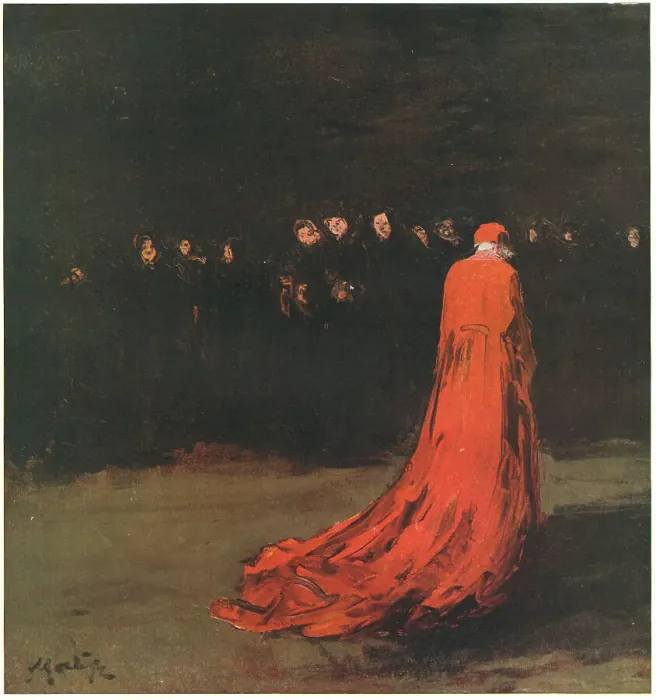 Framed Print : Isolation. A painting of a figure wearing a long, trailing red robe Framed Print : Isolation. A painting of a figure wearing a long, trailing red robe