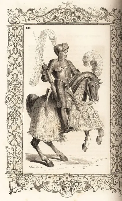 Framed Print : Italian cavalryman riding a horse in barding, 16th century Framed Print : Italian cavalryman riding a horse in barding, 16th century