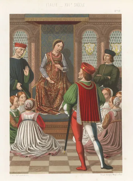 Framed Print : Italian costumes at the Genoese court, early 16th century Framed Print : Italian costumes at the Genoese court, early 16th century