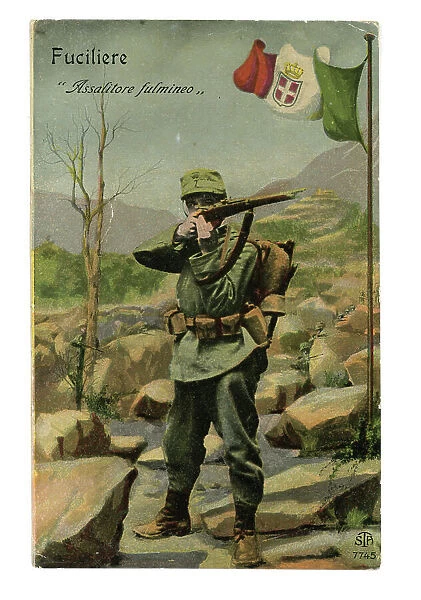 Italian Fusilier with rifle poses before a painted mountain