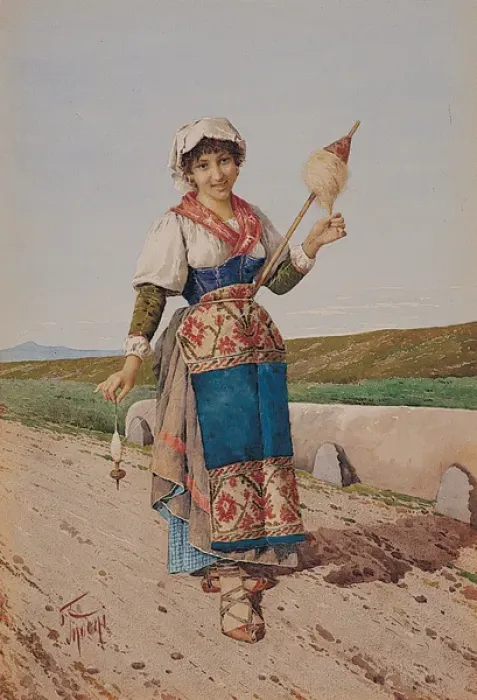 Framed Print : Italian Girl Spinning with Distaff Framed Print : Italian Girl Spinning with Distaff
