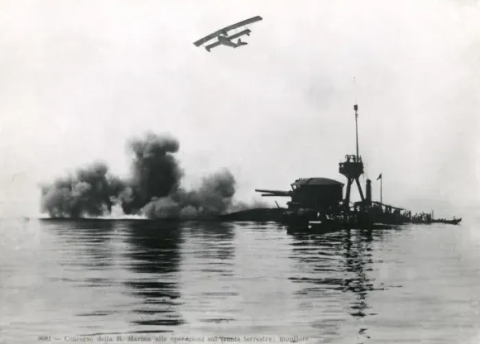 Framed Print : Italian naval action with aeroplane overhead, WW1 Framed Print : Italian naval action with aeroplane overhead, WW1