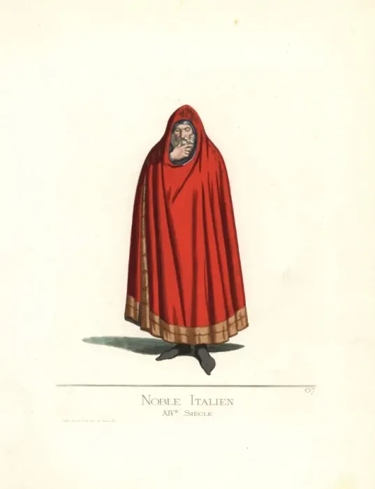 Framed Print : Italian nobleman in cape with ermine border, 14th century Framed Print : Italian nobleman in cape with ermine border, 14th century