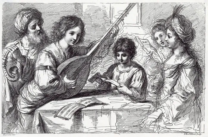 Framed Print : An Italian youth accompanies a group of singers on a lute- like instrument with so long a neck that it reaches out of the picture ! Date: 17th century Framed Print : An Italian youth accompanies a group of singers on a lute- like instrument with so long a neck that it reaches out of the picture ! Date: 17th century