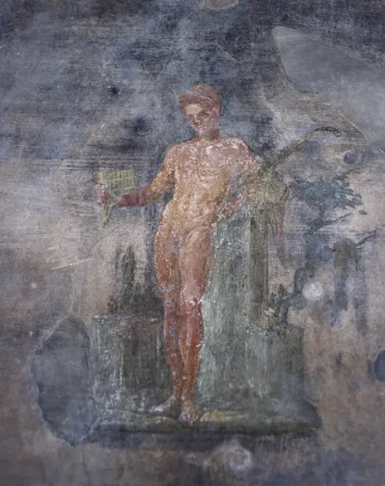 Framed Print : Italy. Pompeii. House of the Vettii. Young man playing the f Framed Print : Italy. Pompeii. House of the Vettii. Young man playing the f