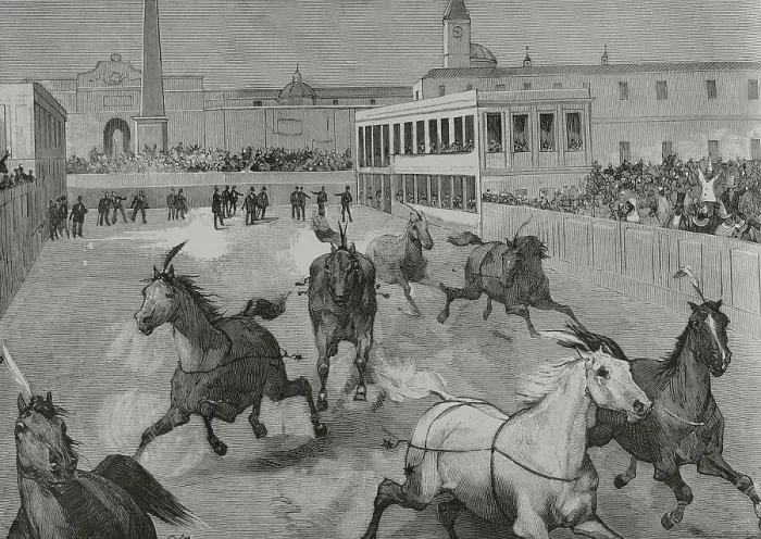 Framed Print : Italy, Rome. Spring carnival. The Race of the Barberi horses Framed Print : Italy, Rome. Spring carnival. The Race of the Barberi horses