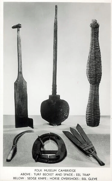 Items from the Folk Museum, Cambridge including an eel trap