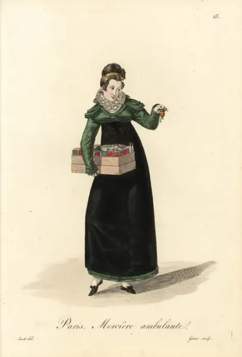 Framed Print : Itinerant haberdasher, Paris, early 19th century Framed Print : Itinerant haberdasher, Paris, early 19th century