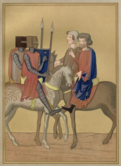 Framed Print : Ivain of the White Hands, with Giron le Courtois, are warned of danger by two travellers Framed Print : Ivain of the White Hands, with Giron le Courtois, are warned of danger by two travellers