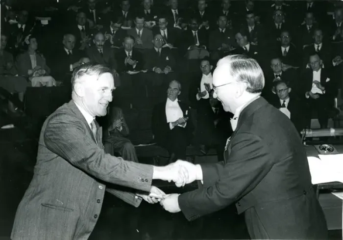 Framed Print : J. W. Barnes, left, is presented with his Royal Aeronauti? Framed Print : J. W. Barnes, left, is presented with his Royal Aeronauti?