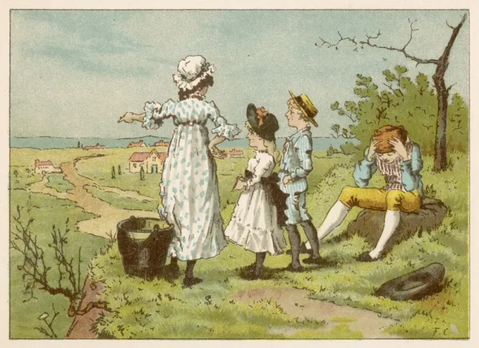 Framed Print : Jack and Jill with Margery and Freddy on the hill Framed Print : Jack and Jill with Margery and Freddy on the hill