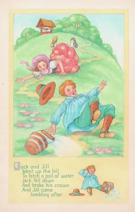 Framed Print : Jack and Jill rhyme picture Children's Postcard Framed Print : Jack and Jill rhyme picture Children's Postcard