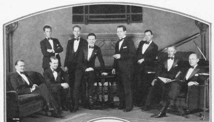 Framed Print : Jack Virgil - standing by the table - with his orchestra Framed Print : Jack Virgil - standing by the table - with his orchestra