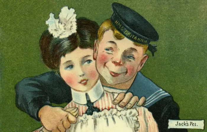 Framed Print : Jacks Pet. Edwardian humour. The sailor with the housemaid. Date: circa 1905 Framed Print : Jacks Pet. Edwardian humour. The sailor with the housemaid. Date: circa 1905