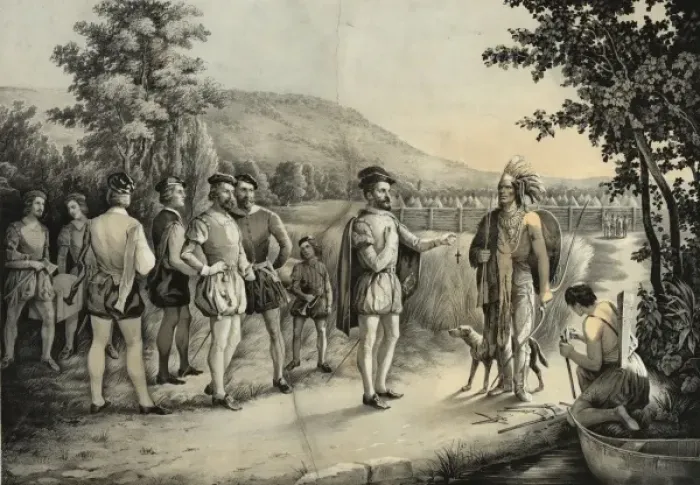 Framed Print : Jacques Cartier, his first interview with the Indians at Hoc Framed Print : Jacques Cartier, his first interview with the Indians at Hoc