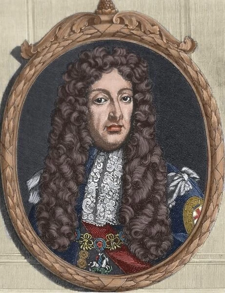 James II of England (1633-1701). Portrait. engraving. Colore