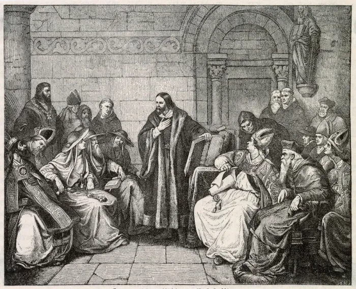 Framed Print : JAN HUS Czech religious reformer, seen here on trial for heresy in 1414 Date: 1372 Framed Print : JAN HUS Czech religious reformer, seen here on trial for heresy in 1414 Date: 1372