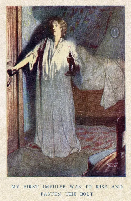 Framed Print : Jane Eyre by Charlotte Bronte, illustration by Edmund Dulac. My first impulse was to rise and fasten the bolt. Jane frightened in her bedroom. Date: 1922