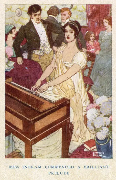 Framed Print : Jane Eyre by Charlotte Bronte, illustration by Edmund Dulac. Miss Ingram commenced a brilliant prelude. Date: 1922 Framed Print : Jane Eyre by Charlotte Bronte, illustration by Edmund Dulac. Miss Ingram commenced a brilliant prelude. Date: 1922